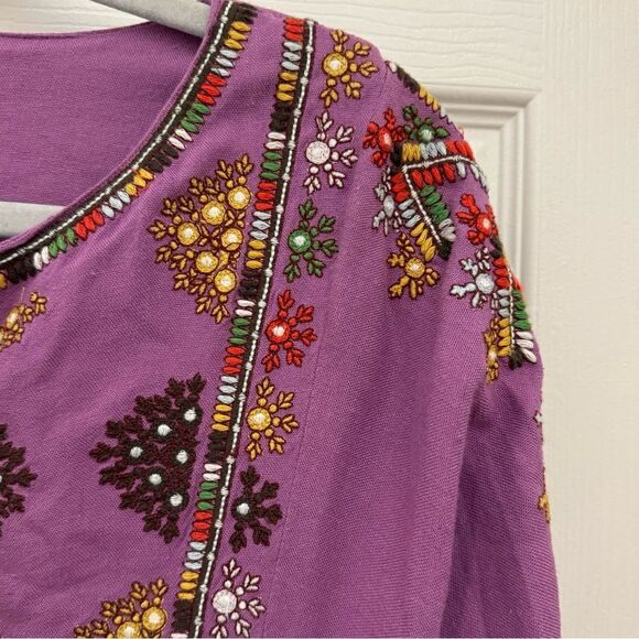 Free People Embroidered Linen Dress Tunic Size XS Purple Tie Front Embellished - Picture 4 of 9